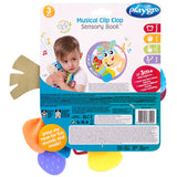 Jucarie din plus, Playgro, Clip Clop, Carticica tactila, Stimuleaza dezvoltarea senzoriala, Cu inele pentru dentitie, Cu diverse forme si texturi, 3 luni+, Musical Clip Clop Teether Book