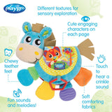 Jucarie din plus, Playgro, Clip Clop, Carticica tactila, Stimuleaza dezvoltarea senzoriala, Cu inele pentru dentitie, Cu diverse forme si texturi, 3 luni+, Musical Clip Clop Teether Book