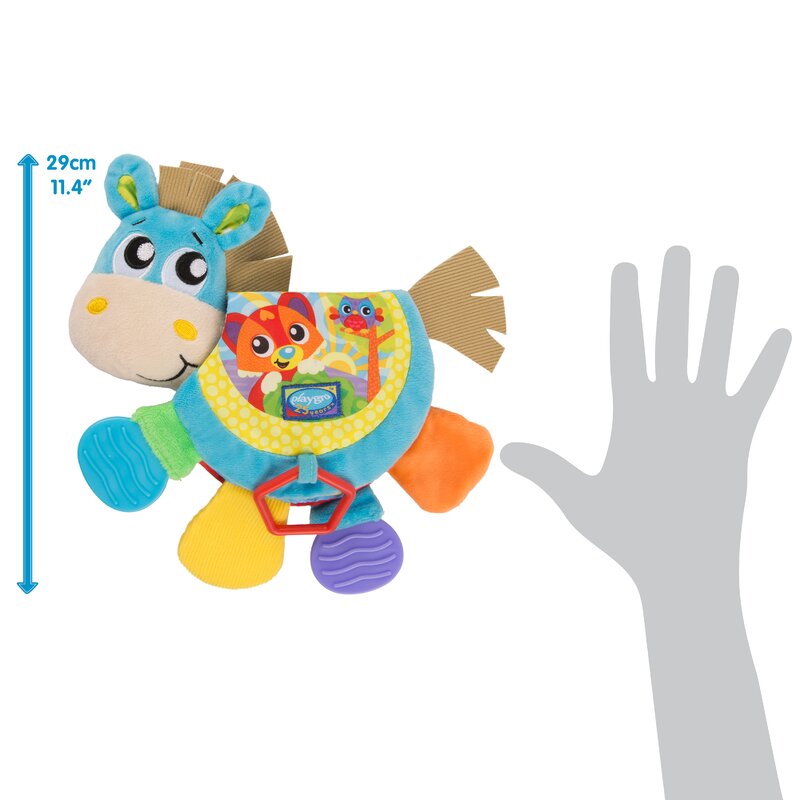 Jucarie din plus, Playgro, Clip Clop, Carticica tactila, Stimuleaza dezvoltarea senzoriala, Cu inele pentru dentitie, Cu diverse forme si texturi, 3 luni+, Musical Clip Clop Teether Book