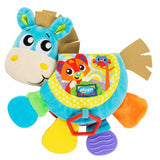 Jucarie din plus, Playgro, Clip Clop, Carticica tactila, Stimuleaza dezvoltarea senzoriala, Cu inele pentru dentitie, Cu diverse forme si texturi, 3 luni+, Musical Clip Clop Teether Book