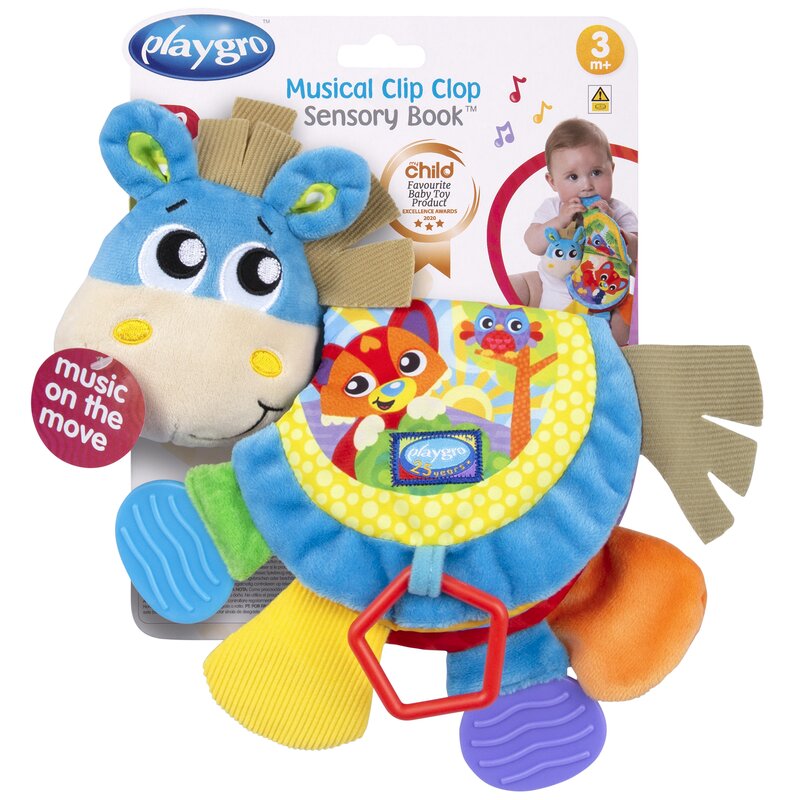 Jucarie din plus, Playgro, Clip Clop, Carticica tactila, Stimuleaza dezvoltarea senzoriala, Cu inele pentru dentitie, Cu diverse forme si texturi, 3 luni+, Musical Clip Clop Teether Book