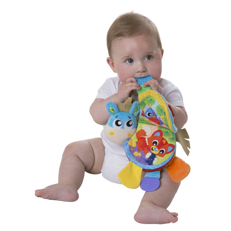 Jucarie din plus, Playgro, Clip Clop, Carticica tactila, Stimuleaza dezvoltarea senzoriala, Cu inele pentru dentitie, Cu diverse forme si texturi, 3 luni+, Musical Clip Clop Teether Book