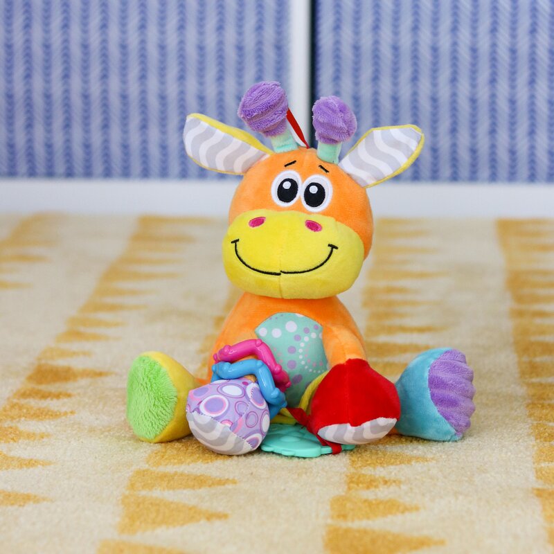 Jucarie din plus, Playgro, Discovery, Stimuleaza dezvoltarea senzoriala, Cu inele pentru dentitie, Cu diverse forme si texturi, 0 luni+, Discovery Friend Giraffe