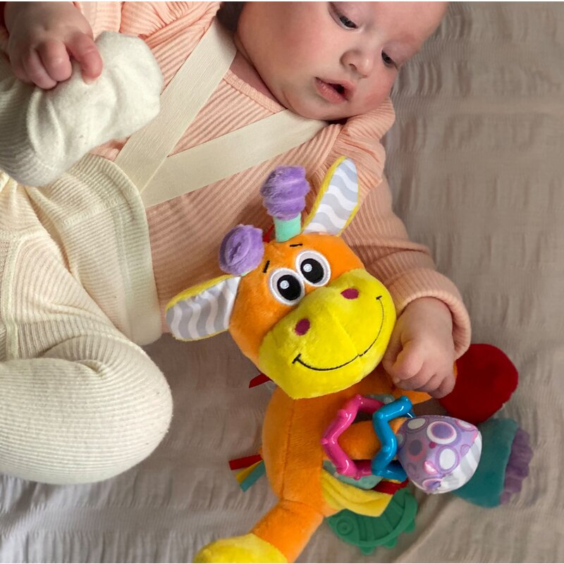 Jucarie din plus, Playgro, Discovery, Stimuleaza dezvoltarea senzoriala, Cu inele pentru dentitie, Cu diverse forme si texturi, 0 luni+, Discovery Friend Giraffe