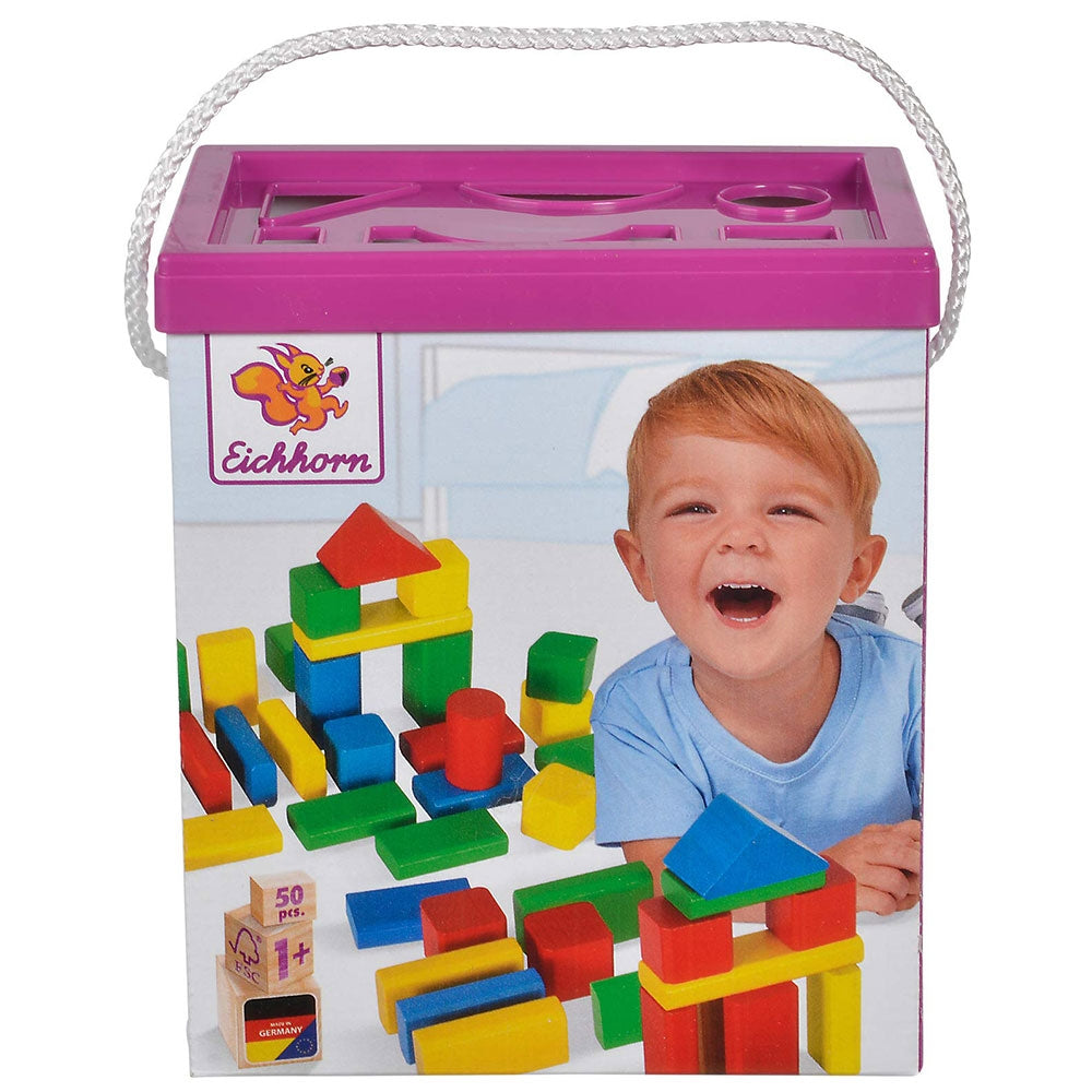 Jucarie Eichhorn Cuburi in galetusa Coloured Wooden Blocks 50 piese - gogobaby.ro