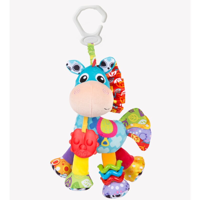 Jucarie, Playgro, Pentru carucior, scoica auto si patut, Cu jucarie de dentitie, Cu sunete, Activity Friend Clip Clop, 39 cm - gogobaby.ro