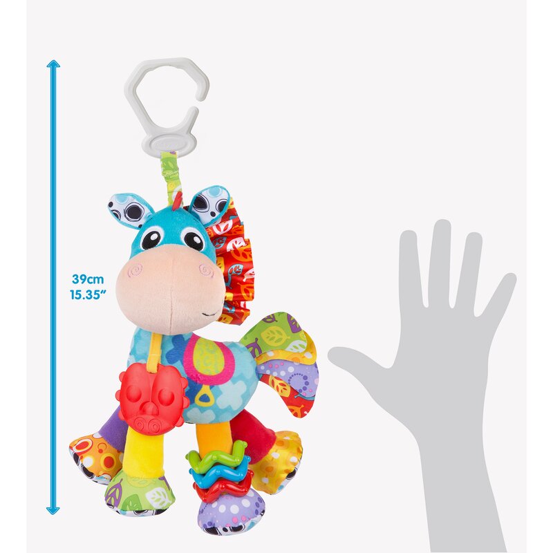 Jucarie, Playgro, Pentru carucior, scoica auto si patut, Cu jucarie de dentitie, Cu sunete, Activity Friend Clip Clop, 39 cm - gogobaby.ro
