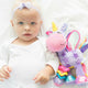 Jucarie pentru carucior, scoica auto si patut, Playgro, Cu jucarie de dentitie, Cu sunete, Activity Friend Stella Unicorn, 39 cm