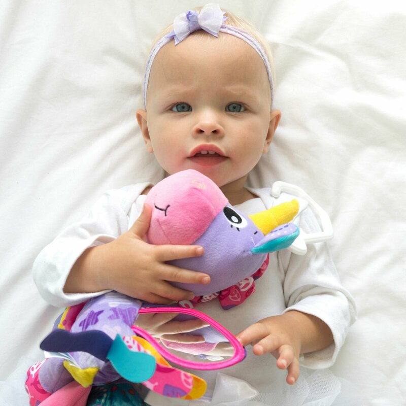 Jucarie pentru carucior, scoica auto si patut, Playgro, Cu jucarie de dentitie, Cu sunete, Activity Friend Stella Unicorn, 39 cm - gogobaby.ro