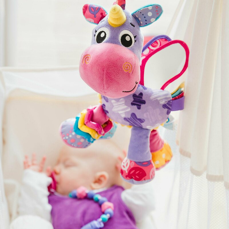 Jucarie pentru carucior, scoica auto si patut, Playgro, Cu jucarie de dentitie, Cu sunete, Activity Friend Stella Unicorn, 39 cm - gogobaby.ro