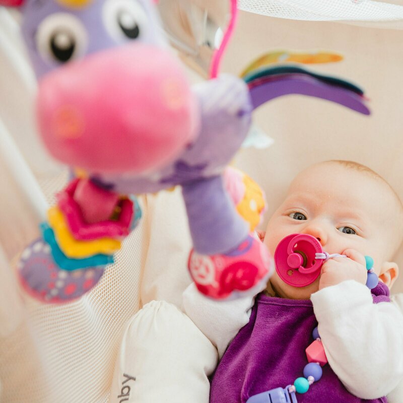 Jucarie pentru carucior, scoica auto si patut, Playgro, Cu jucarie de dentitie, Cu sunete, Activity Friend Stella Unicorn, 39 cm - gogobaby.ro