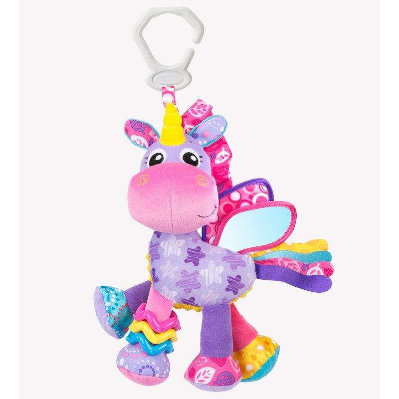 Jucarie pentru carucior, scoica auto si patut, Playgro, Cu jucarie de dentitie, Cu sunete, Activity Friend Stella Unicorn, 39 cm - gogobaby.ro