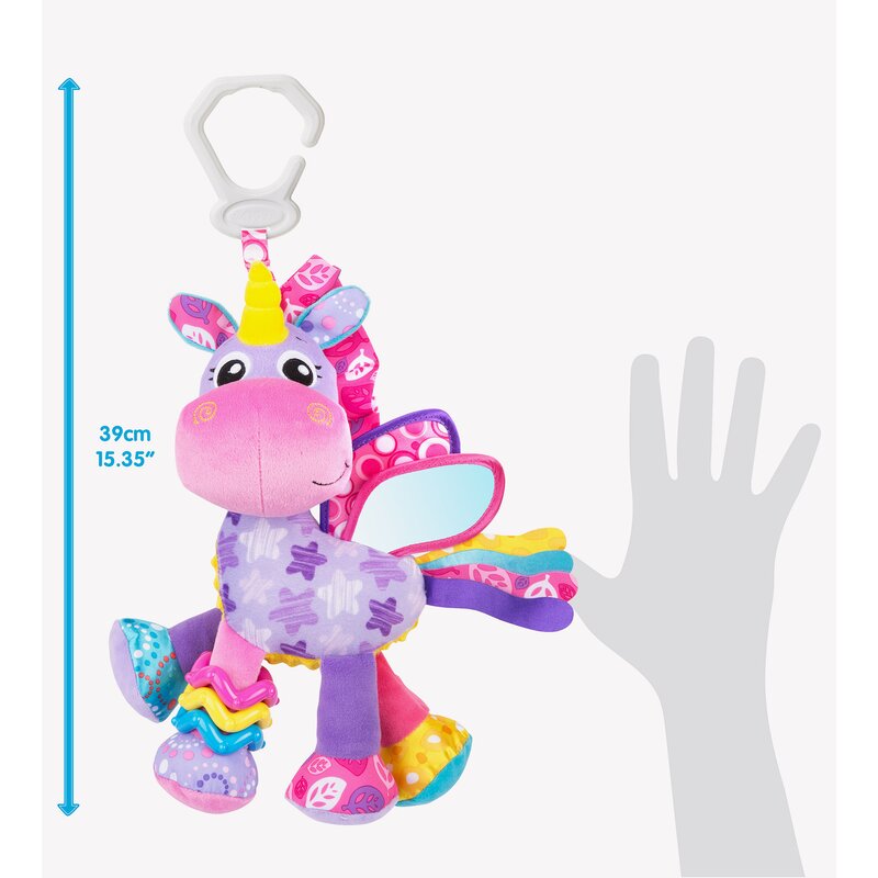 Jucarie pentru carucior, scoica auto si patut, Playgro, Cu jucarie de dentitie, Cu sunete, Activity Friend Stella Unicorn, 39 cm - gogobaby.ro