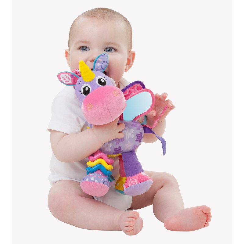 Jucarie pentru carucior, scoica auto si patut, Playgro, Cu jucarie de dentitie, Cu sunete, Activity Friend Stella Unicorn, 39 cm - gogobaby.ro