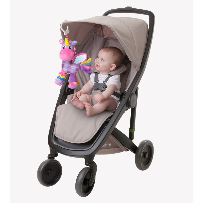 Jucarie pentru carucior, scoica auto si patut, Playgro, Cu jucarie de dentitie, Cu sunete, Activity Friend Stella Unicorn, 39 cm - gogobaby.ro