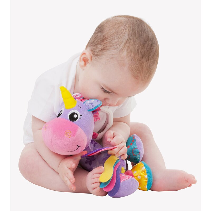 Jucarie pentru carucior, scoica auto si patut, Playgro, Cu jucarie de dentitie, Cu sunete, Activity Friend Stella Unicorn, 39 cm - gogobaby.ro