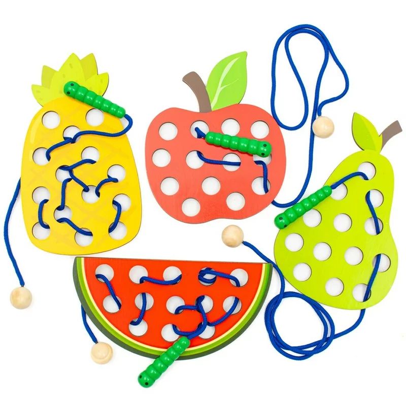 Jucarie Montessori de snuruit, Baby Mix, Dezvolta abilitatile motorii fine, a concentrarii si a rabdarii, Lemn si snur moale din bumbac, 36 luni+, Vegetables and Fruits