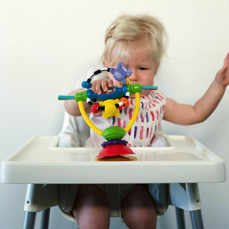 Jucarie, Playgro, Pentru scaunul de masa, Cu ventuza, Cu activitati, Rotativa, High chair Spinning Toy, 19.5 cm - gogobaby.ro