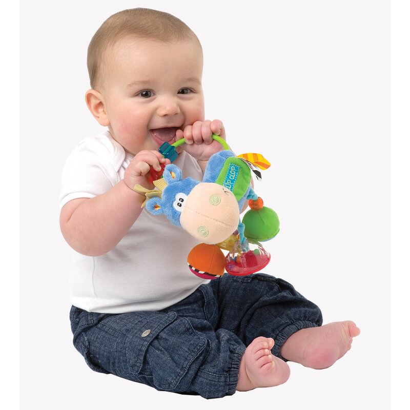 Jucarie zornaitoare si de dentitie, Playgro, Cu activitati, Cu jucarii de dentitie, Cu margele, Cu diferite texturi, Clip Clop Activity Rattle, 11 cm - gogobaby.ro