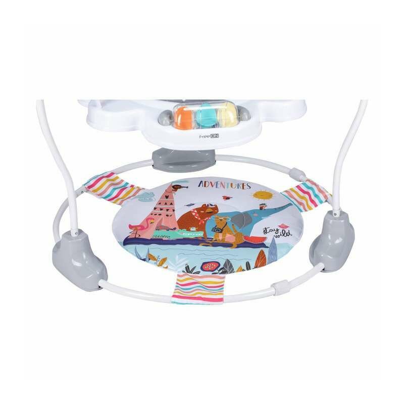 Jumper interactiv, FreeON, Jump&Play, Cu scaun rotativ la 360 grade, Reglabil pe inaltime, Cu melodii, lumini si jucarii, Conform cu standardul european de securitate EN 14036:2003, Multicolor - gogobaby.ro