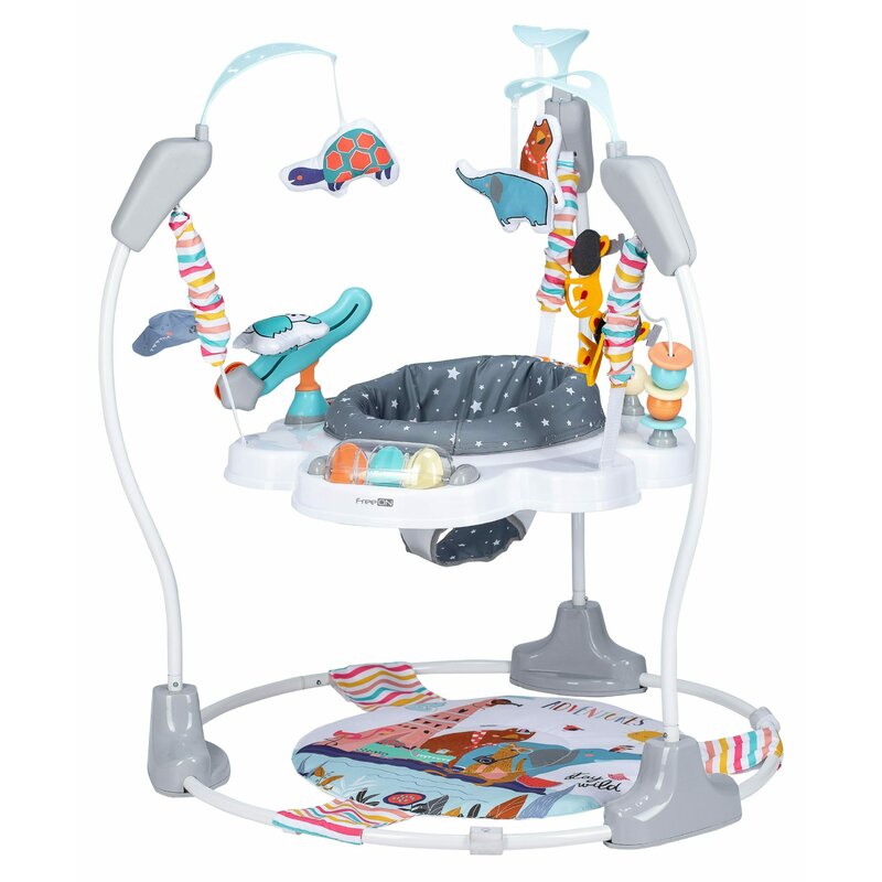 Jumper interactiv, FreeON, Jump&Play, Cu scaun rotativ la 360 grade, Reglabil pe inaltime, Cu melodii, lumini si jucarii, Conform cu standardul european de securitate EN 14036:2003, Multicolor - gogobaby.ro