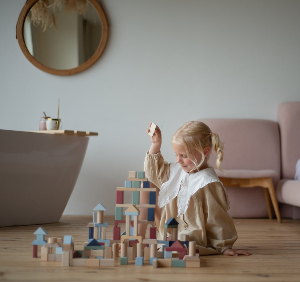 Jucarie din lemn, Cubika, Kit 100 de piese de constructie - Pastel - gogobaby.ro