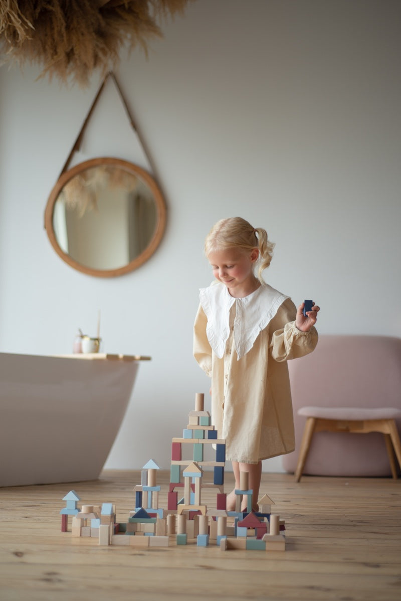 Jucarie din lemn, Cubika, Kit 100 de piese de constructie - Pastel - gogobaby.ro