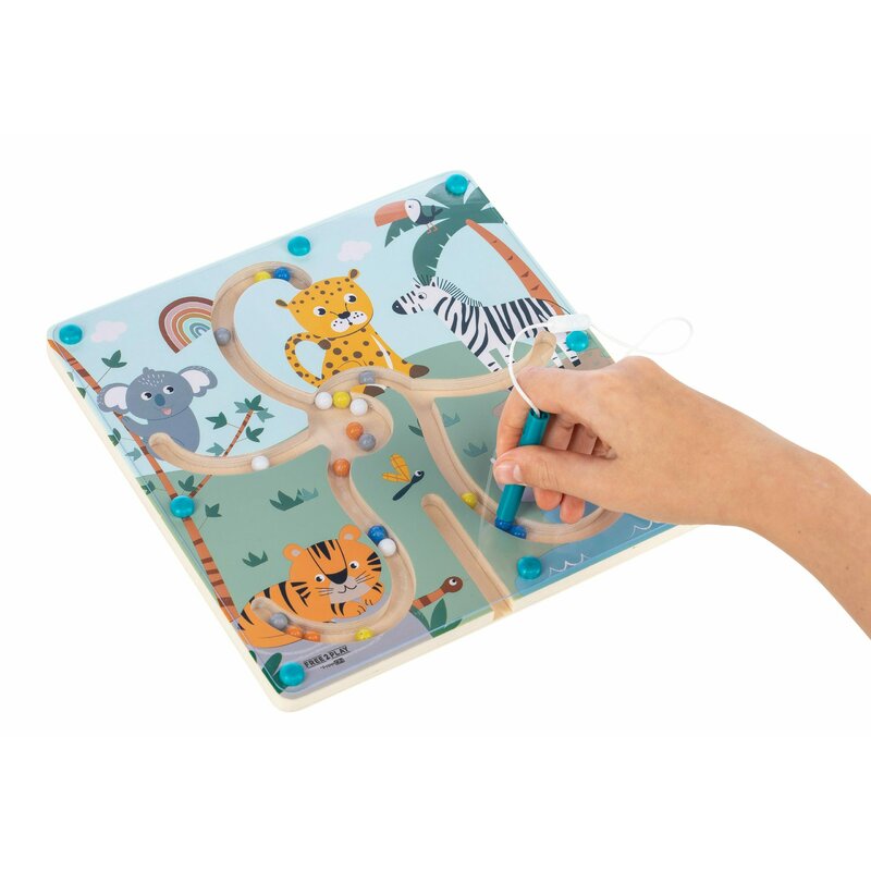 Labirint magnetic, Free2Play, Cu bile, Din lemn, Dezvolta abilitatile motorii, Stimuleaza concentrarea si rabdarea, 22,5x22x5 cm, 36 luni+, Multicolor