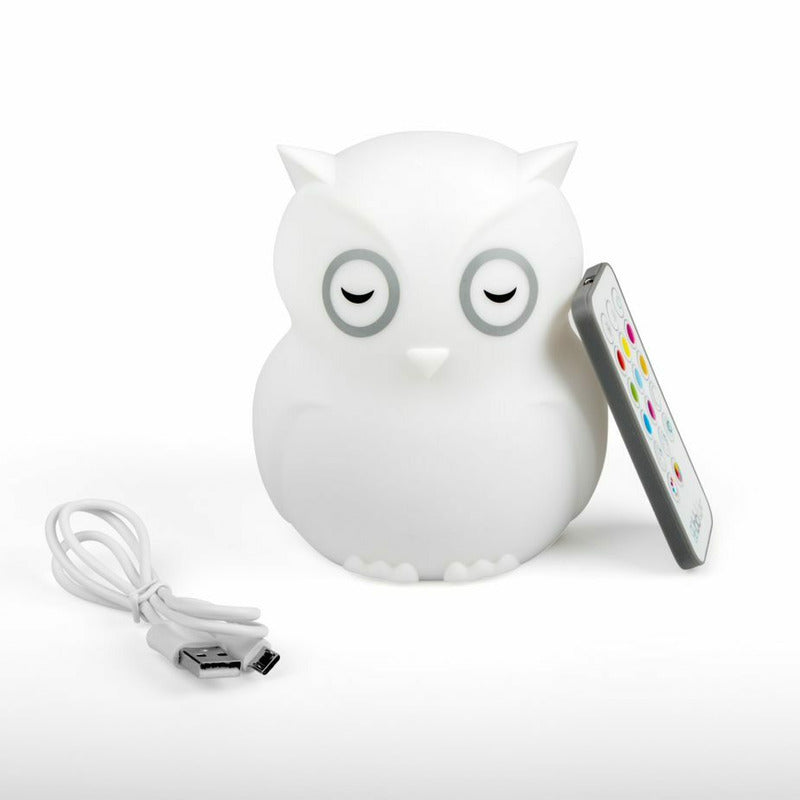 Lampa de veghe, BBluv, Bufnita, Hibu, Functionare pana la 10 ore, Cu telecomanda si cablu USB, Cu 9 culori diferite activate prin control Touch, White - gogobaby.ro