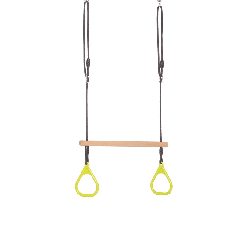 Leagan, Dice, In forma de trapez, Cu inele de plastic si suprafata din lemn, Cu franghie, Ajustabil pe inaltime pana la 250 cm, 3+ ani, Lime Green