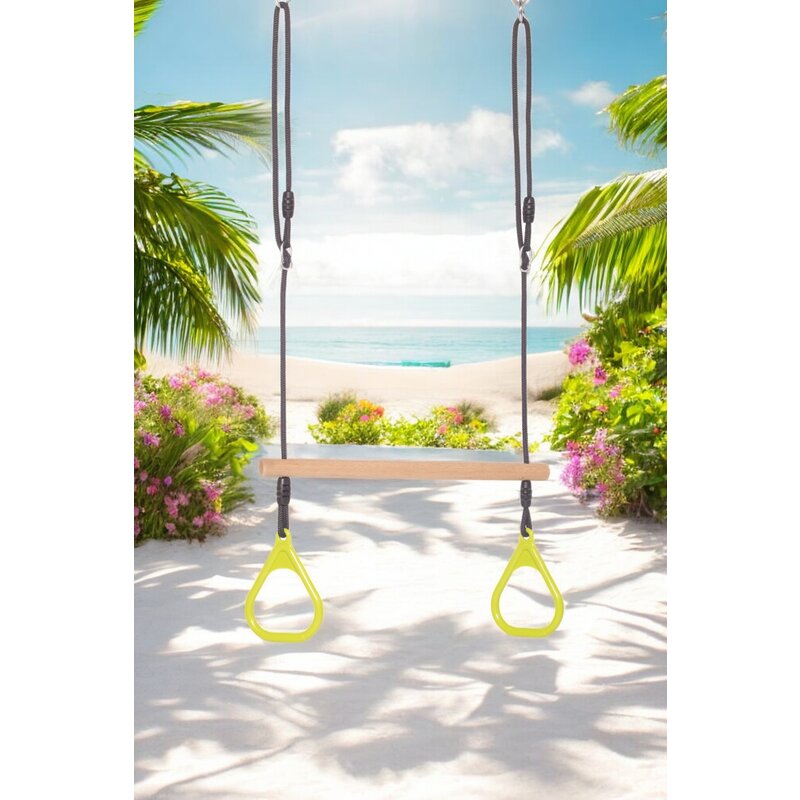 Leagan, Dice, In forma de trapez, Cu inele de plastic si suprafata din lemn, Cu franghie, Ajustabil pe inaltime pana la 250 cm, 3+ ani, Lime Green