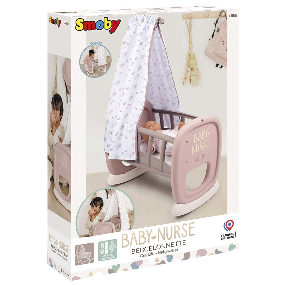 Leagan pentru papusa Smoby Baby Nurse Cradle maro cu baldachin - gogobaby.ro