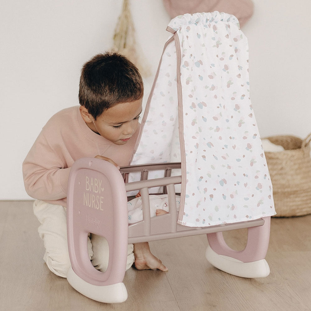 Leagan pentru papusa Smoby Baby Nurse Cradle maro cu baldachin - gogobaby.ro