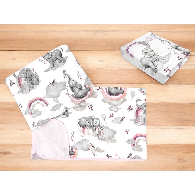 Lenjerie pat junior cu 3 piese, Qmini, Cu cearceaf 160x80 cm, Din bumbac certificat Oeko Tex Standard 100, Cu paturica si pernuta, Elephants on Rainbow Pink