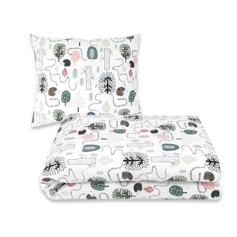 Lenjerie pat junior cu 4 piese, Qmini, Din bumbac certificat Oeko Tex Standard 100, 160 x 100 cm, Hedgehog