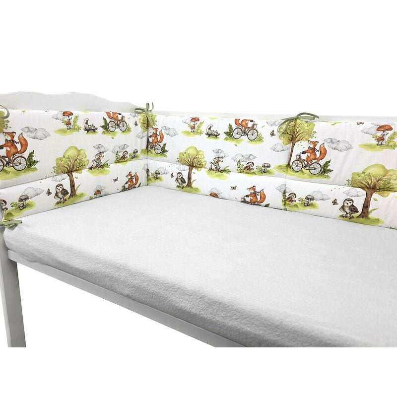 Lenjerie patut 3 piese, Qmini, Pentru patut 120x60 cm, Cu protectie laterala, Din bumbac certificat Oeko Tex Standard 100, Fox on bikes Natural