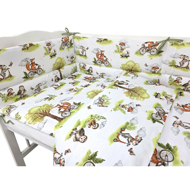 Lenjerie patut 3 piese, Qmini, Pentru patut 120x60 cm, Cu protectie laterala, Din bumbac certificat Oeko Tex Standard 100, Fox on bikes Natural - gogobaby.ro