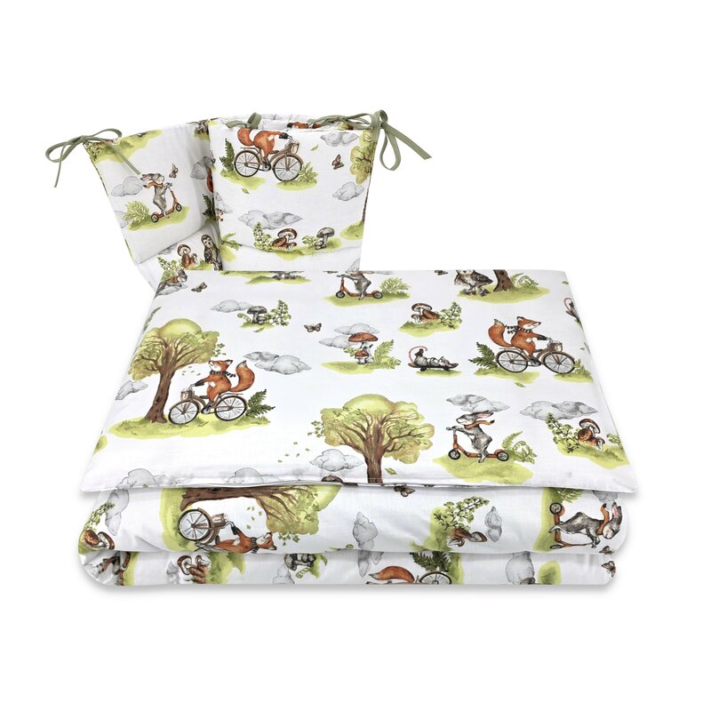 Lenjerie patut 3 piese, Qmini, Pentru patut 120x60 cm, Cu protectie laterala, Din bumbac certificat Oeko Tex Standard 100, Fox on bikes Natural - gogobaby.ro