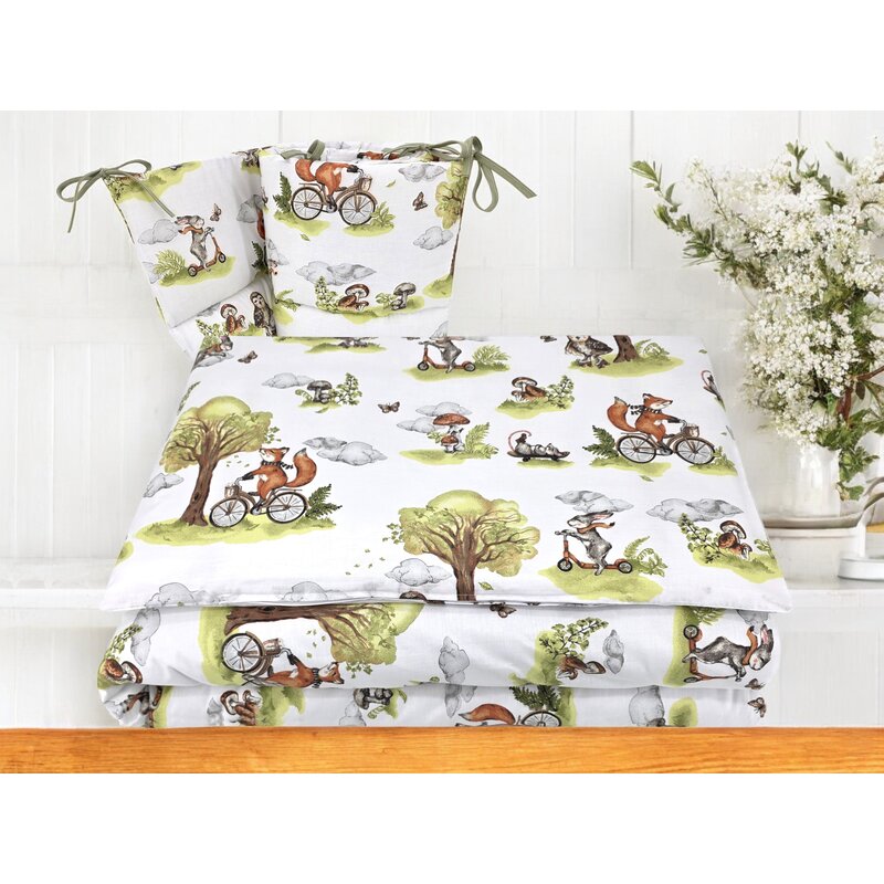 Lenjerie patut 3 piese, Qmini, Pentru patut 120x60 cm, Cu protectie laterala, Din bumbac certificat Oeko Tex Standard 100, Fox on bikes Natural