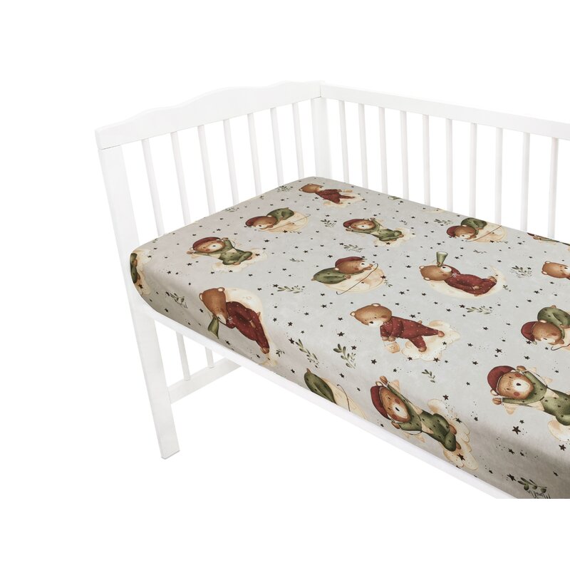 Lenjerie patut cu 3 piese, MimiNu, Cu cearceaf 120x60 cm, Din bumbac certificat Oeko Tex Standard 100, Cu pilota si husa pilota, 135x100 cm, Design, Teddy Bear On Moon