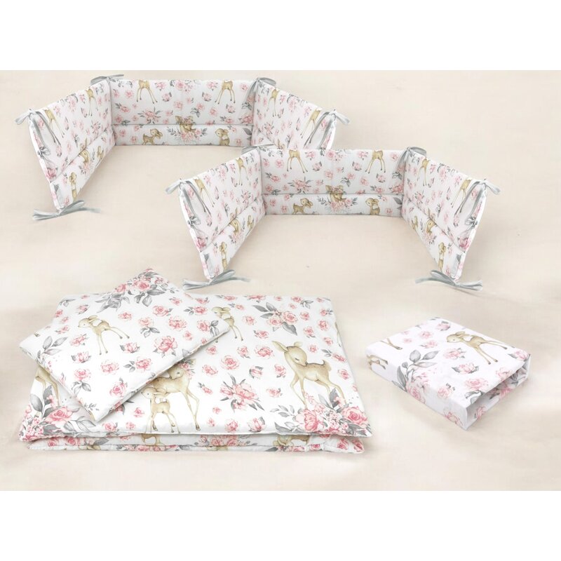 Lenjerie patut cu 5 piese, MimiNu, Cu cearceaf 120x60 cm, Pilota, Pernuta, 2 aparatori, Din bumbac certificat Oeko Tex Standard 100, Sweet Deer Pink