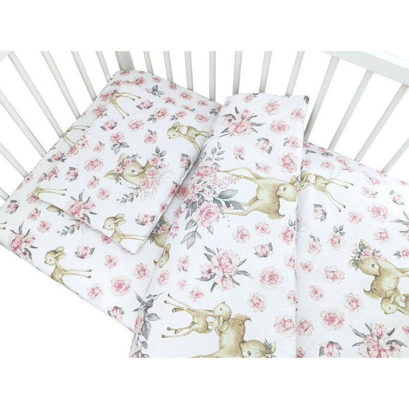 Lenjerie patut cu 5 piese, MimiNu, Cu cearceaf 120x60 cm, Pilota, Pernuta, 2 aparatori, Din bumbac certificat Oeko Tex Standard 100, Sweet Deer Pink