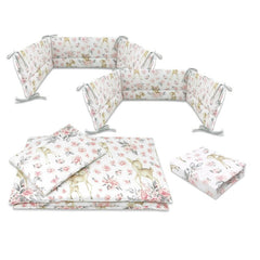 Lenjerie patut cu 5 piese, MimiNu, Cu cearceaf 120x60 cm, Pilota, Pernuta, 2 aparatori, Din bumbac certificat Oeko Tex Standard 100, Sweet Deer Pink