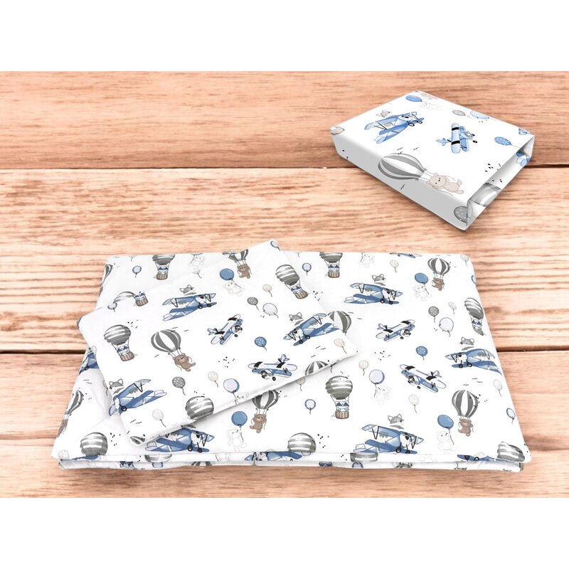 Lenjerie patut cu 3 piese, MimiNu, Cu cearceaf 120x60 cm, Pilota, Pernuta, Din bumbac certificat Oeko Tex Standard 100, Blue Plane - gogobaby.ro
