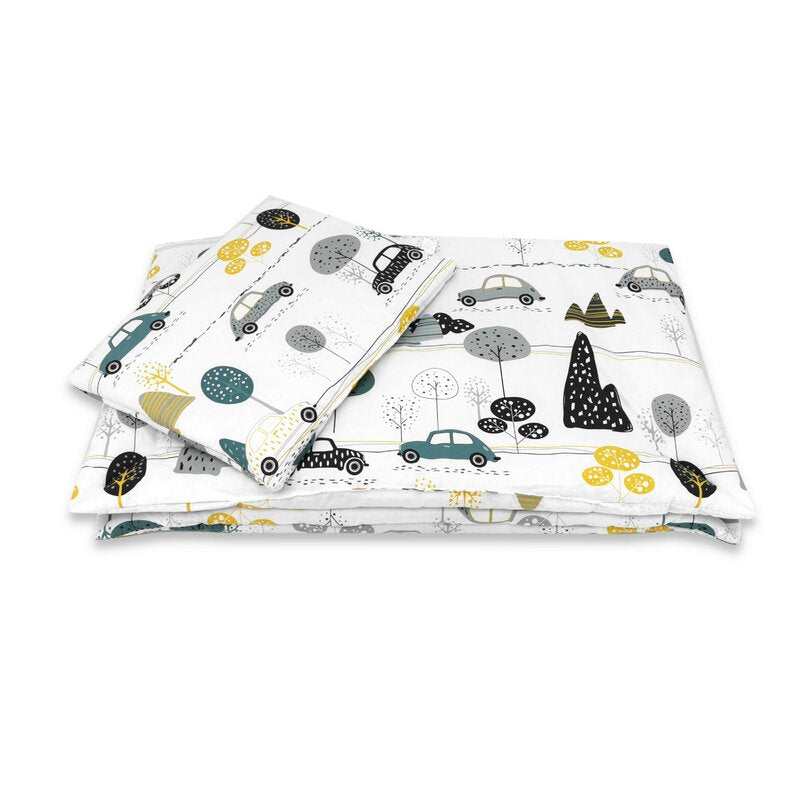 Lenjerie patut cu 3 piese, MimiNu, Cu cearceaf 120x60 cm, Pilota, Pernuta, Din bumbac certificat Oeko Tex Standard 100, Childrens Journey Grey