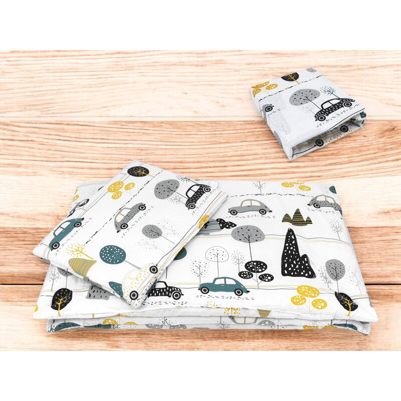 Lenjerie patut cu 3 piese, MimiNu, Cu cearceaf 120x60 cm, Pilota, Pernuta, Din bumbac certificat Oeko Tex Standard 100, Childrens Journey Grey