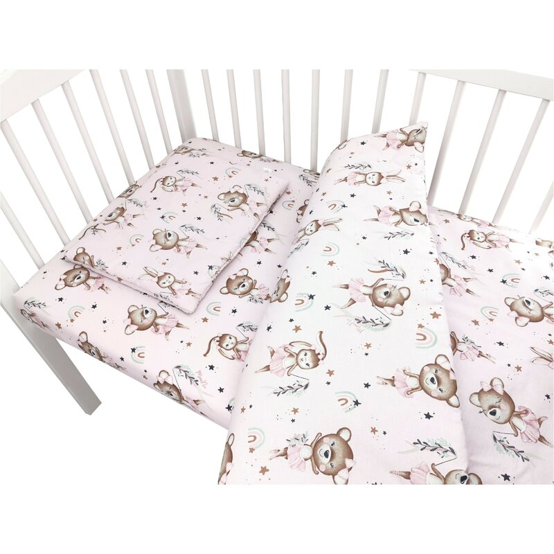 Lenjerie patut cu 3 piese, MimiNu, Cu cearceaf 120x60 cm, Pilota, Pernuta, Din bumbac certificat Oeko Tex Standard 100, Design, Little Ballerina Pink