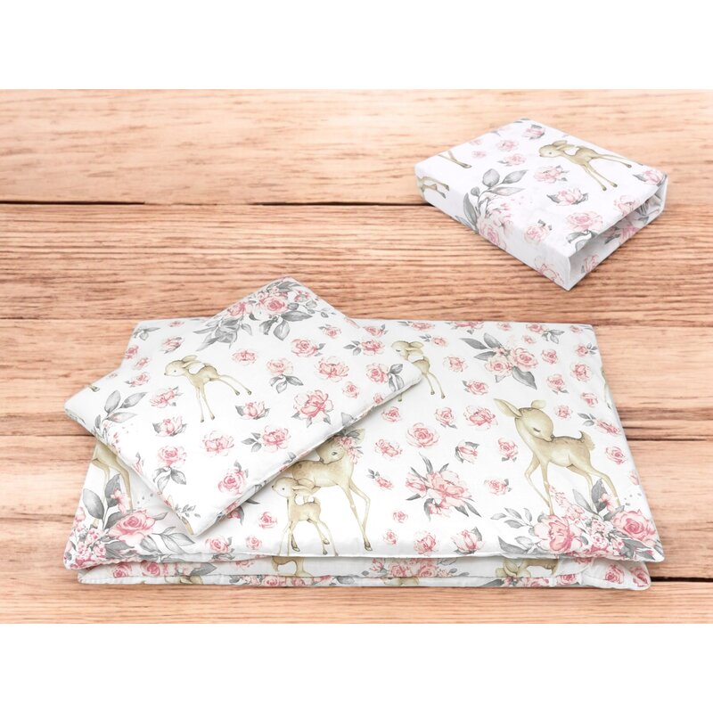 Lenjerie patut cu 3 piese, MimiNu, Cu cearceaf 120x60 cm, Pilota, Pernuta, Din bumbac certificat Oeko Tex Standard 100, Sweet Deer Pink