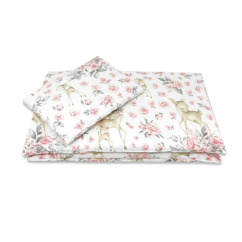 Lenjerie patut cu 3 piese, MimiNu, Cu cearceaf 120x60 cm, Pilota, Pernuta, Din bumbac certificat Oeko Tex Standard 100, Sweet Deer Pink