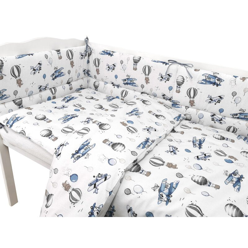 Lenjerie patut cu 3 piese, MimiNu, Pentru patut 120x60 cm, Cu protectie laterala, Din bumbac certificat Oeko Tex Standard 100, Blue Plane